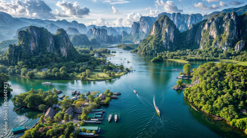 Panoramic view of Karst mountains and river with boat.