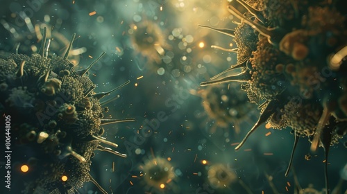 Macro shot captures virus cells on abstract background, illustrating the concept of a viral disease epidemic. Ai Generated