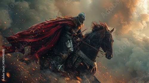 Valiant Knight on Galloping Steed Charging into Battle with Sword and Armor