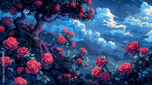 Design a modern pixel art depiction of a panoramic black rose garden fused with kinisugi patterns Utilize a limited color palette to convey depth and contrast, creating a visually striking composition