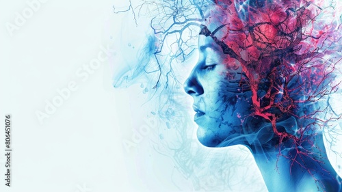 Digital art of woman's profile with tree branches symbolizing veins