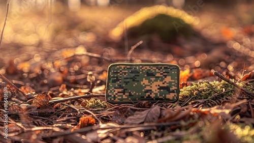 Camouflage wallet on forest floor amidst autumn leaves