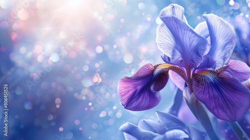 Close-up of purple iris flower against sparkling blue bokeh background