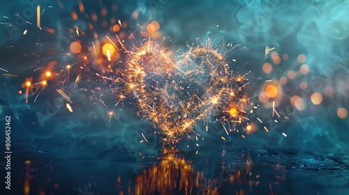 Heart-shaped sparkling fireworks illuminate the sky, A dazzling display of love and romance. Ai Generated