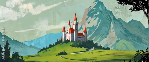 Beautiful fairy tale castle in green pastures and hills. Illustration. Generative AI