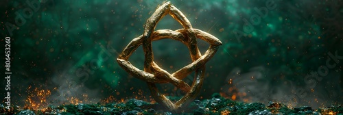 A circular Celtic knot design in gold and green, representing eternity and interconnectedness