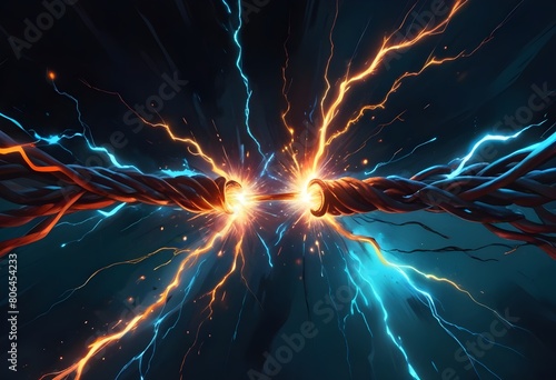 Two glowing cables colliding with sparks in a dark, abstract background