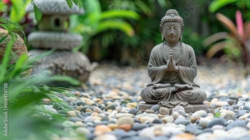 Buddha statue meditating in serene garden with pebbles and greenery