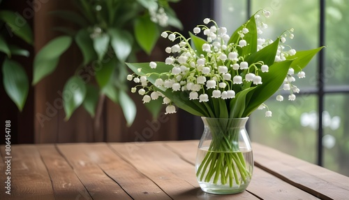 A bouquet of white lily of the valley flowers in a glass vase on a wooden table, with a blurred green foliage background