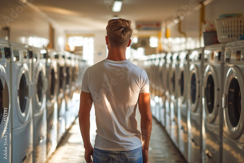 Man contemplating choices in laundromat
