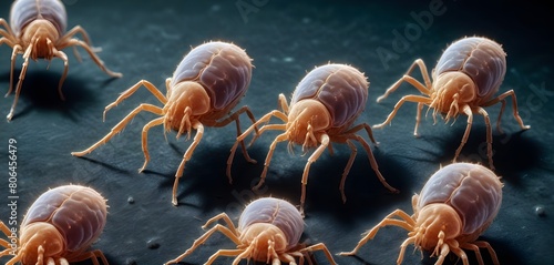 microscopic dust mites with long legs and segmented bodies on a dark background