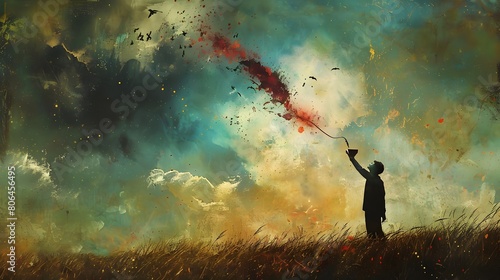 A silhouette of man in a field with tall grass holding up a paintbrush towards the sky with vibrant colors and dynamic brushstrokes. a sense of creativity imagination and the blending of art with n