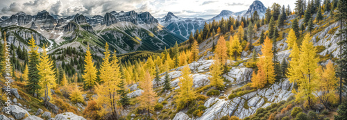 Canadian Rockies Landscape. Golden Larch Trees & Rocky Mountains in Autumn. Autumn in the Mountains. Golden Larch Trees & Scenic Mountain Range