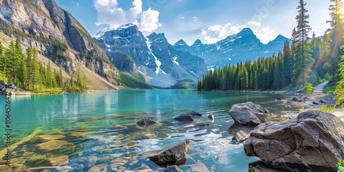 A beautiful lake surrounded by mountains with a clear blue sky