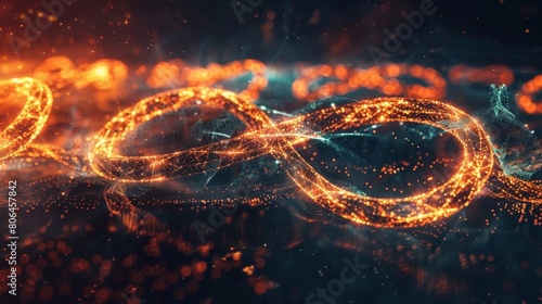 An infinity symbol made of shimmering threads representing the neverending and boundless nature of quantum spacetime.