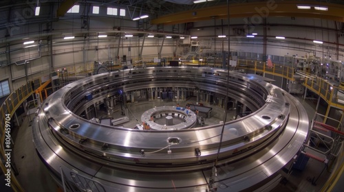 A large circular particle accelerator used for manipulating particles and creating specific quantum states for computing purposes.
