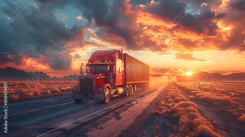A red container truck speeding down a highway at sunset, leaving a trail of dust