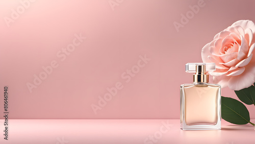 A bottle of perfume is on a table next to a rose