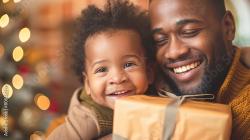 A man and a child are hugging and smiling while holding a brown box