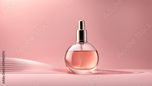 A bottle of perfume is sitting on a pink background