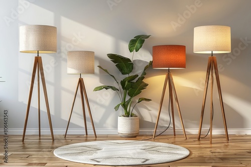 Modern home decor featuring a collection of wooden floor lamps and a lush green plant in a minimalist setting