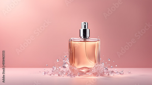 A bottle of perfume is sitting on a table with a pink background