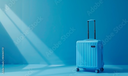 Suitcase on blue background. Copy space, space for text, Generative AI,青色の背景にスーツケース。 コピースペース,テキスト用スペース,Generative AI、