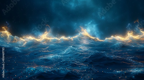 Deep blue ocean with golden lines depicting routes and islands, with space for text about adventure or discovery.