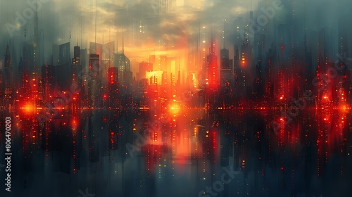 Geometric cityscape, Abstract skyline with red and black buildings and golden lights, depicting a futuristic city