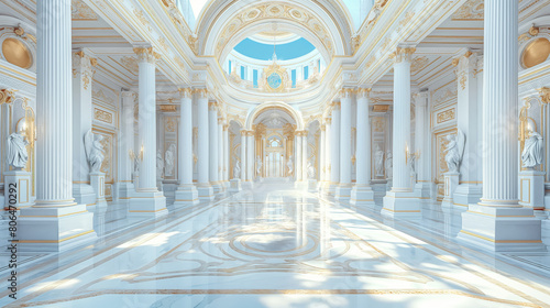 A luxurious white baroque style interior with ornate columns, arches, and statues on a marble floor against a sunny sky backdrop. Generative AI