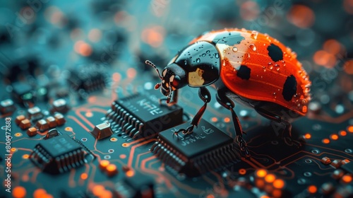 A visual representation of a ladybug on computer circuits symbolizes the concept of computer bugs and the necessity for troubleshooting and debugging.