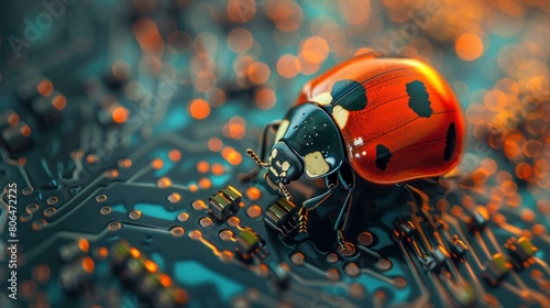 A ladybug positioned on computer circuits serves as a representation of the computer bug concept and the process of troubleshooting and debugging.