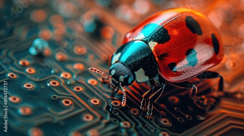 Depicting a ladybug on computer circuits illustrates the computer bug concept and the importance of troubleshooting and debugging.
