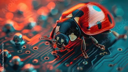 Depicting a ladybug on computer circuits represents the concept of computer bugs and the process of troubleshooting and debugging.