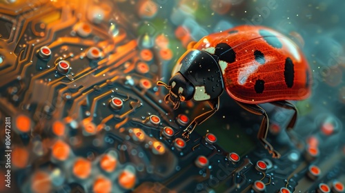 Illustrating a ladybug on computer circuits conveys the concept of computer bugs and the actions of troubleshooting and debugging.