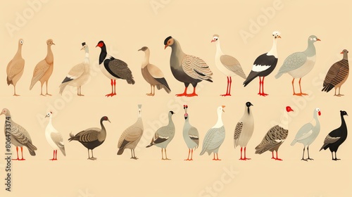 A variety of guinea fowl in a simple and colorful drawing.