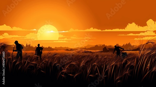 A farmer and his two sons work in the golden wheat field. The sun sets behind them. The sky is orange.