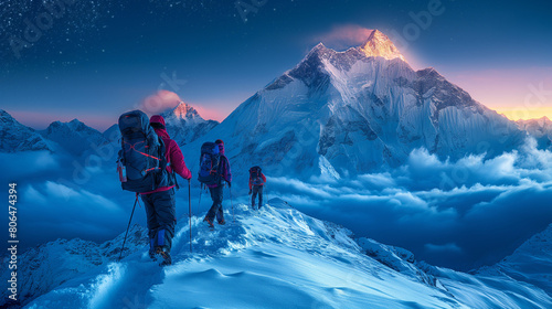 expedition Group of Mountaineering climbing up to summit the top of snowmountain Exproler discovery himalayas mountain Generative ai