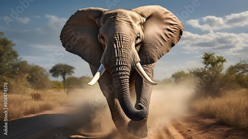 Charging elephant with ears flared, massive body in motion