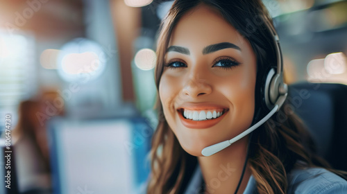 Portrait of smiling woman phone operator with headset. A smiling employee of the call center, technical support service. A brunette girl with headphones and a microphone answers the call.