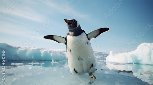 Clumsy penguin slipping on ice, wings flapping wildly