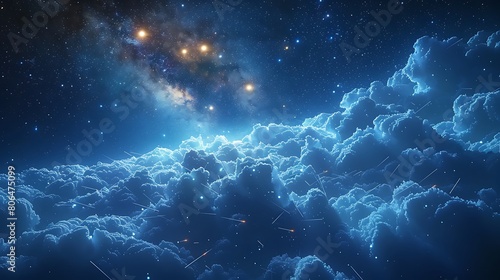 Starry night sky, Deep blue backdrop with golden constellations and shooting stars, leaving space for text..