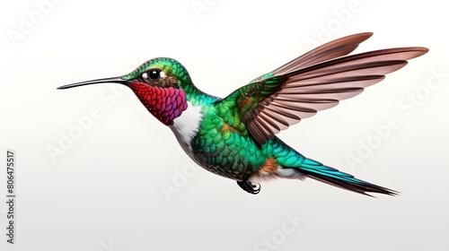 Dainty hummingbird in mid-flight, isolated on a white background