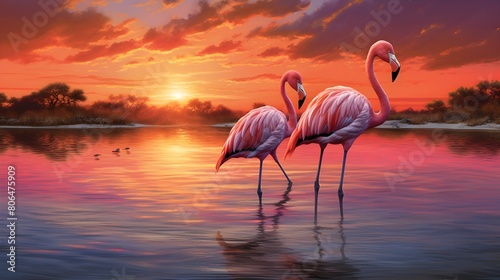 Enchanting flamingos wading in the twilight waters,