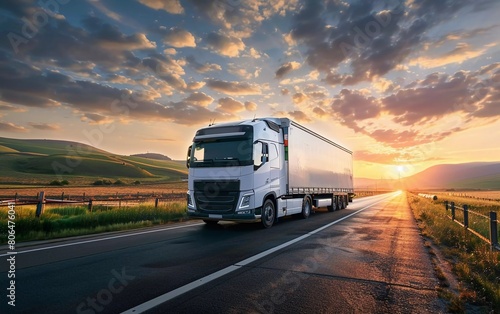  Big White Truck on Road in Rural Landscape at Sunset. Beautiful Cloudy Sky. passing the Asphalt Road. beautiful view