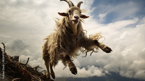 Gleeful goat with a penchant for climbing, hooves on a precarious perch,