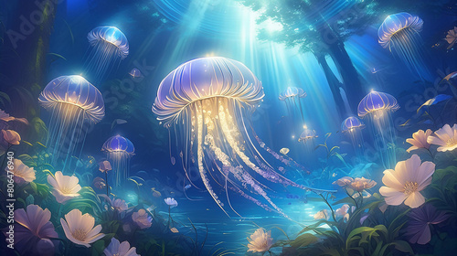 深海に差し込む光と水中花とクラゲ