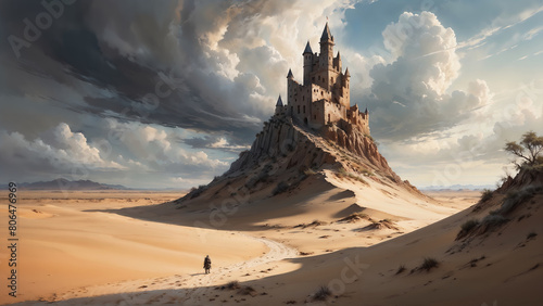 Ancient old castle ruins high above a rocky cliff in a sand dune desert landscape, majestic storm clouds encircle the fortress with a lone adventurer walking towards it.