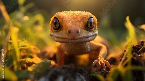 Inquisitive newt exploring in the warm glow, every tiny scale and unique facial expression
