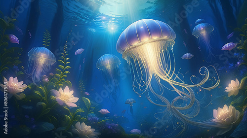 深海に差し込む光とクラゲ